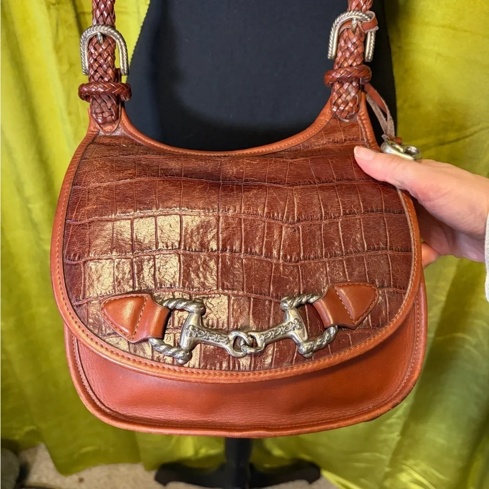 Vintage 90s Brighton Croc Cognac Brown Leather Saddle Bag Crossbody w/ horsebit